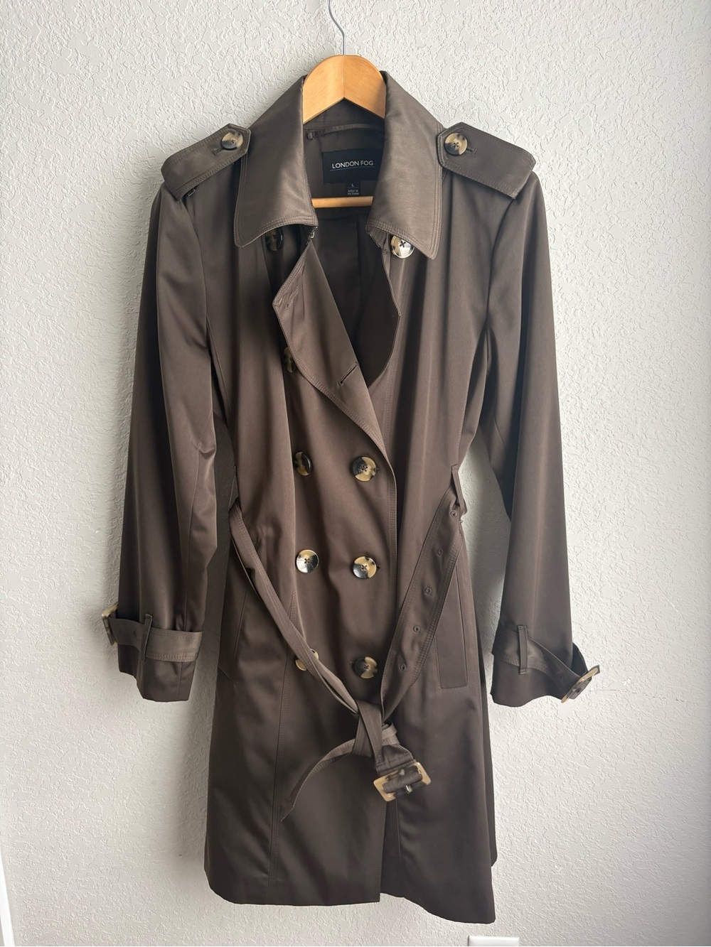 London Fog Rich Chocolate Brown Double Breasted Belted Trench Coat Large
